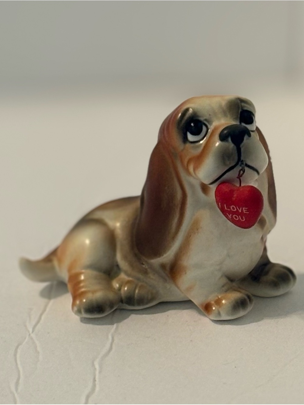 Vintage Ceramic Dog Figurine with Red Heart Pendant - I Love You